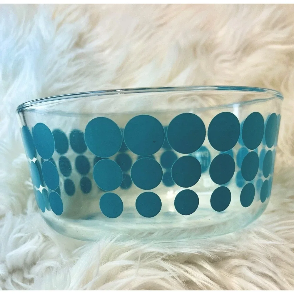 Pyrex 4 Cup Glass Storage Bowl Teal Blue Polka Dot Dotty Clear Round Made in USA